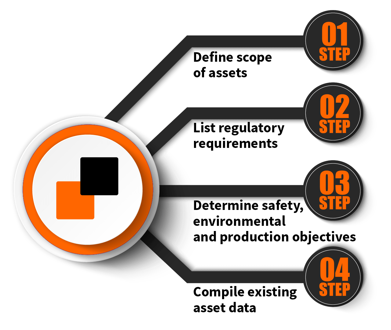 Program Scope. Step 1 - Define scope of assets. Step 2 - List regulatory requirements. Step 3 - Determine safety, environmental and production objectives. Step 4 - Compile existing asset data.